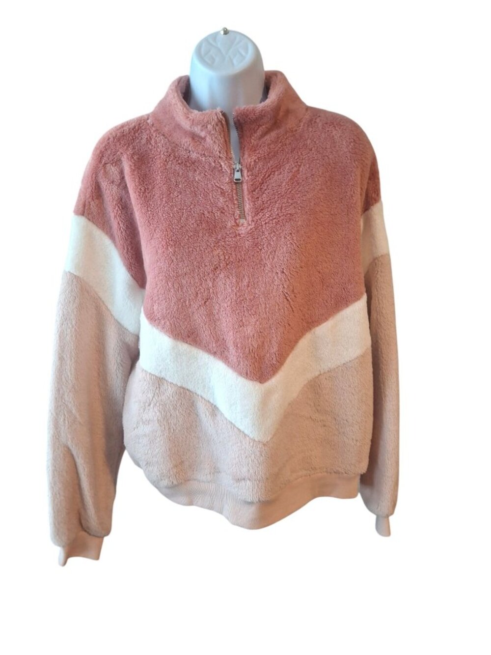 H&M Divided Womens M Pink Sherpa Fleece Quarter Zip Pullover Cozy Colorblock